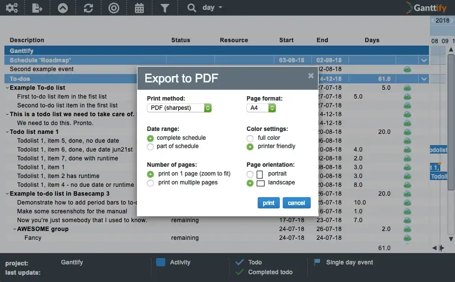 Screenshot of the PDF to Export dialog in Ganttify