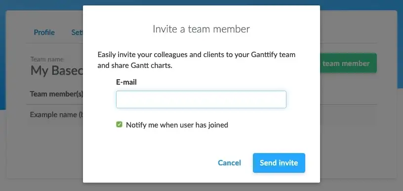 Screenshot of the invite a team member dialog in Ganttify
