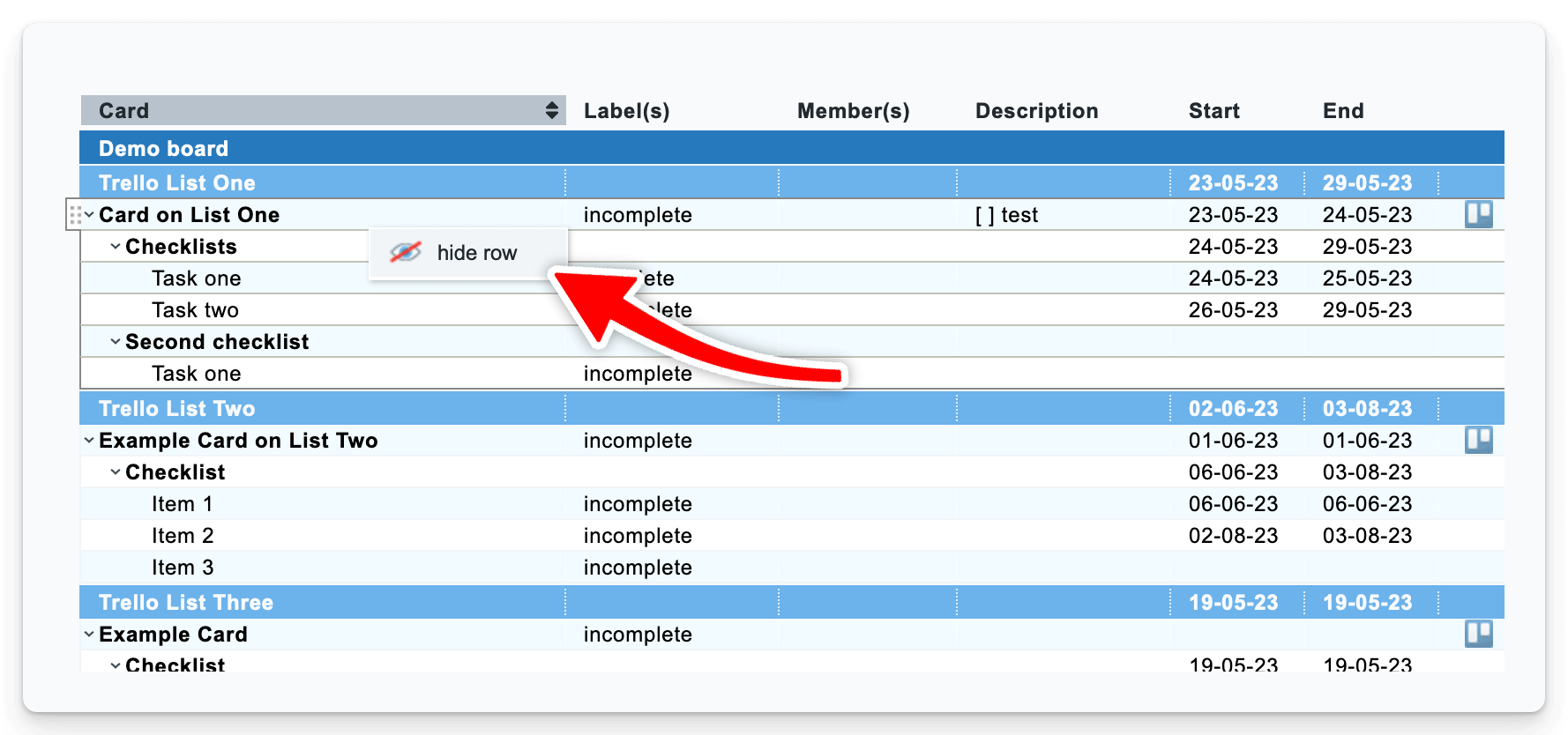 Hiding and showing rows in the Gantt chart can now be done using the right-click context menu.