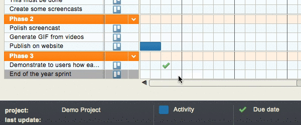 Right-click the Gantt chart’s grid and choose ‘Set duration & due date’ to add an activity in the grid