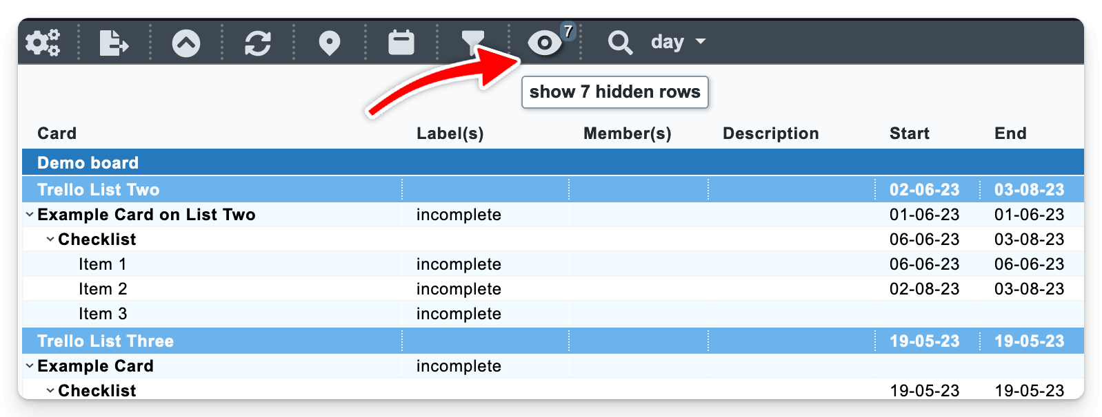 Click the eye icon in the menu bar to toggle hidden rows in your Gantt chart.