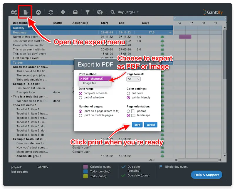 Exporting your planning as a PDF or Image can still be done via the export menu in Ganttify